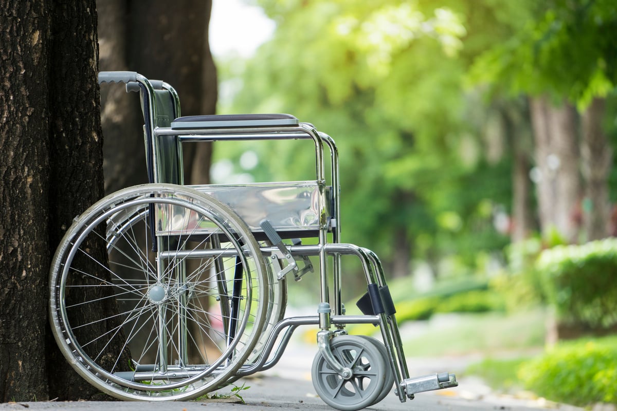 Empty wheelchair parked in park